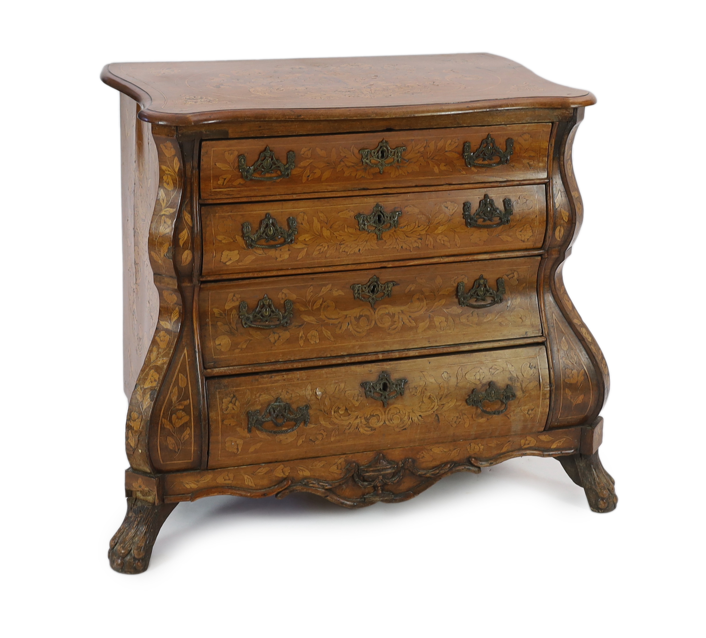 An early 19th century Dutch walnut and marquetry bombé front commode, width 110cm, depth 60cm, height 87cm